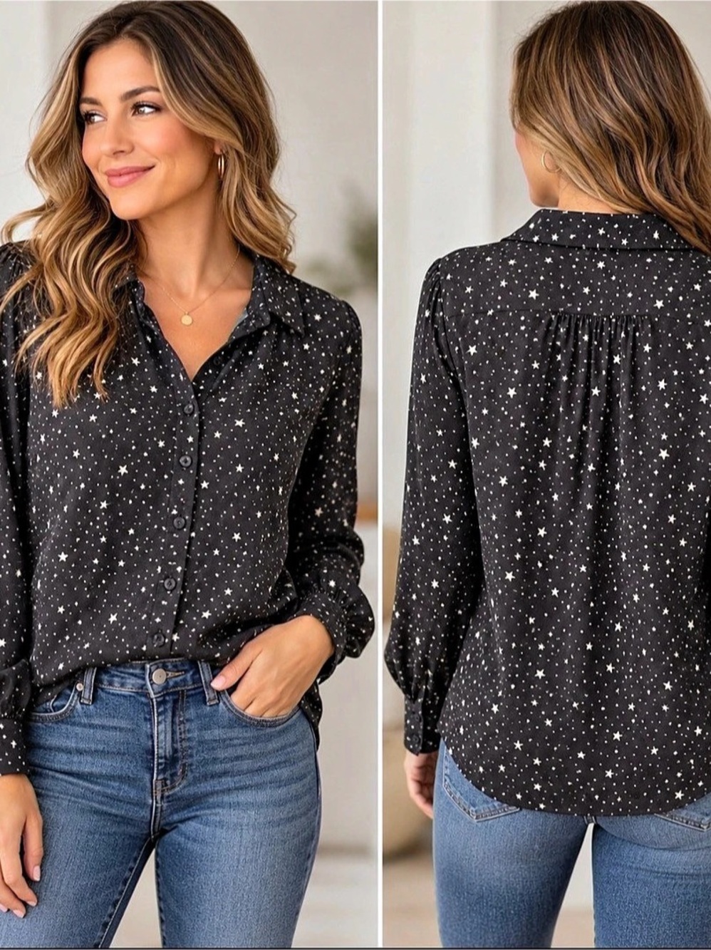 Urban Outfitters Stars Print Button Down Gathered Neck Blouse